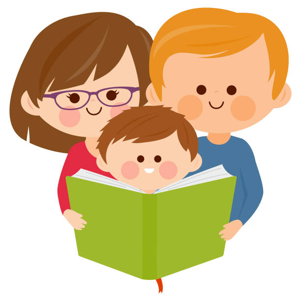 Two parents and a child read a book together. Vector illustration