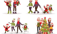 Merry Christmas and New Year. Holiday family set. Parents and children are skating and sledding, decorate the Christmas tree. Vector illustration in a flat style
